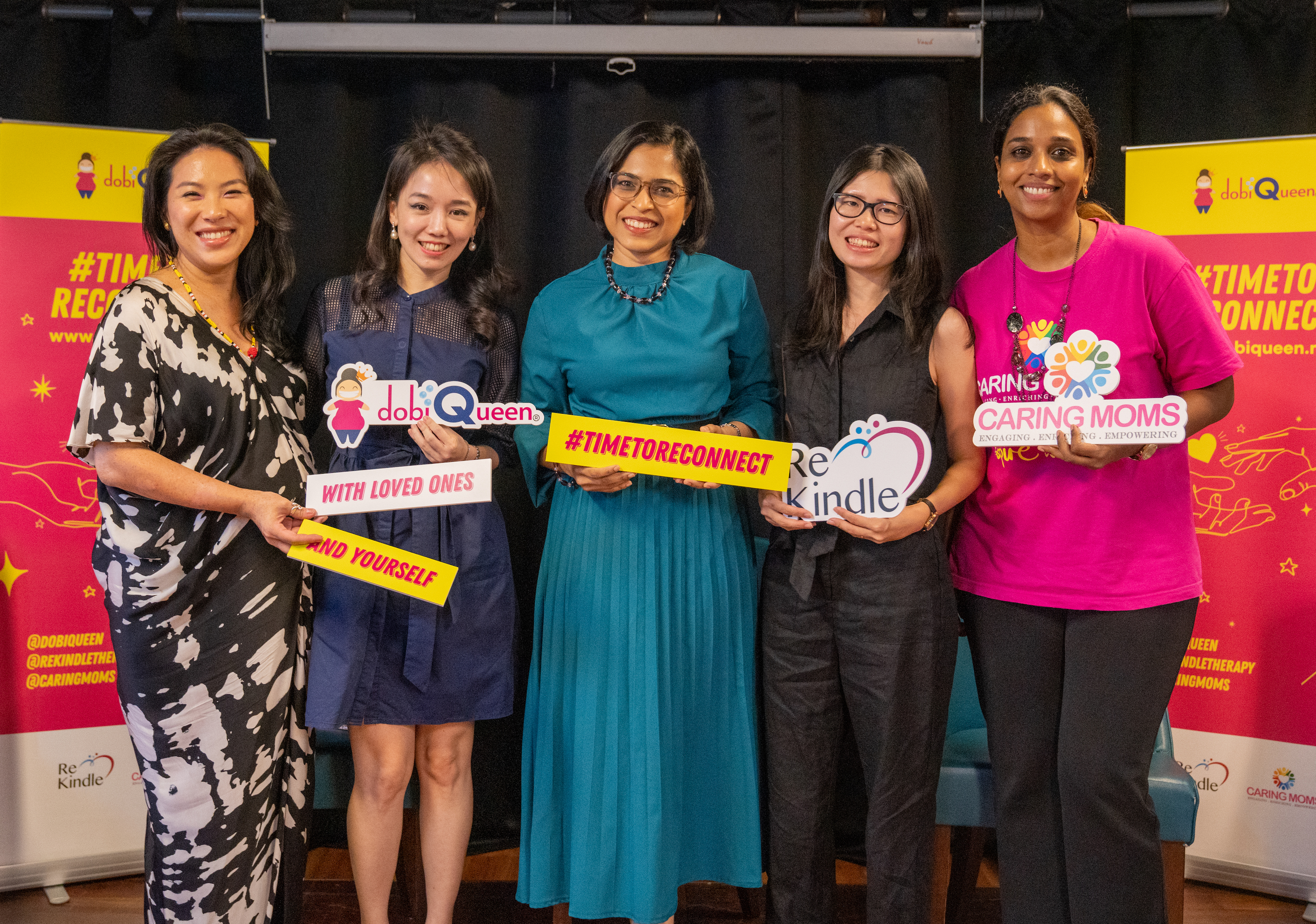 (Left to right): Eugenie Chan, Co-Founder of Suppagood, Nini Tan, Co-Founder of dobiQueen, Franzeene Nadia A/P Rajasegaran, Assistant Director, Strategic Partnership Division, Department of Women Development; Ministry of Women, Family and Community Development, Alycia Lum, Marriage & Family Therapist and Major (Retired) Shera Ann Bosco, Founder, CARING MOMS Group Sdn Bhd