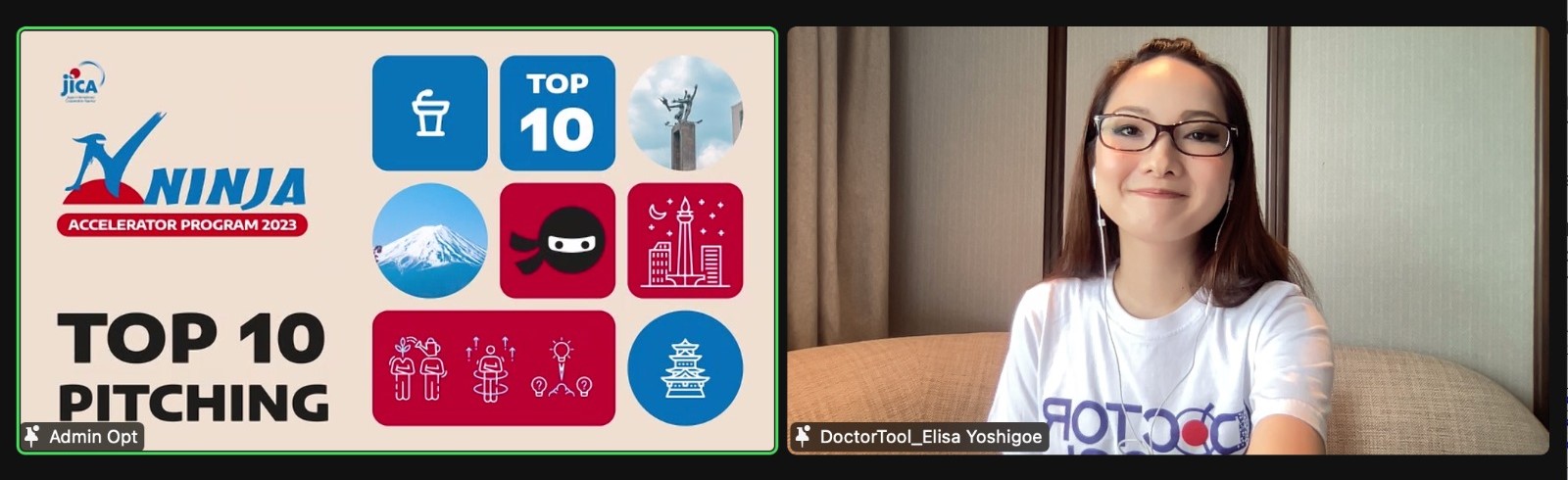 Elisa Yoshigoe, CCO & Co-Founder DoctorTool memaparkan bisnis dan impact DoctorTool kepada juri dari JICA dan ANGIN secara daring. Sumber Foto: DoctorTool