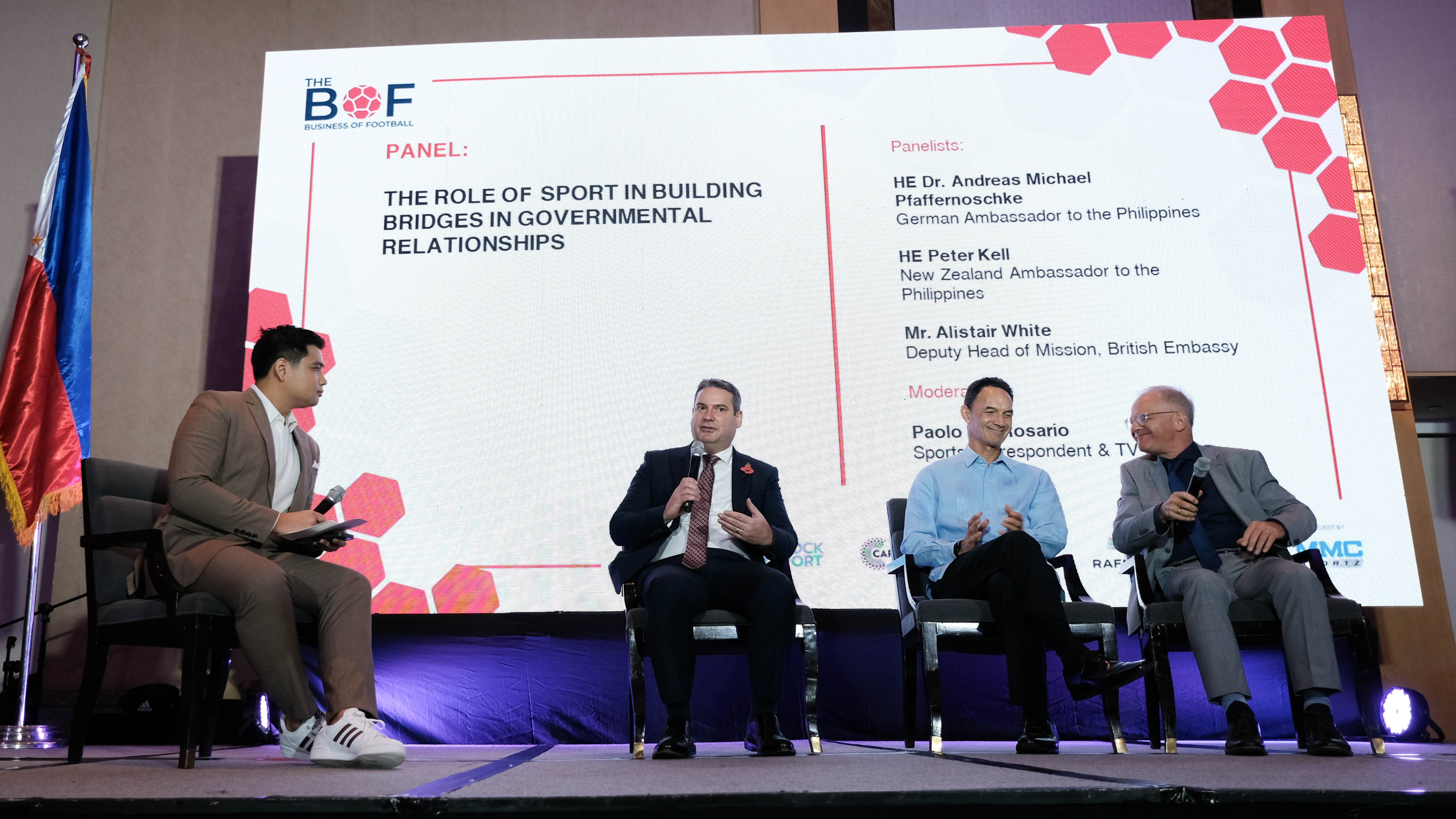 L-R : Panel of The Role of Sport Building Bridges in Governmental Relationships with Paolo Del Rosario - Moderator, Mr. Alistair White - Deputy Head of Mission, British Embassy; Mr. Peter Kell - New Zealand Ambassador to the Philippines; HE Dr. Andreas Pfaffernoschke, German Ambassador to the Philippines