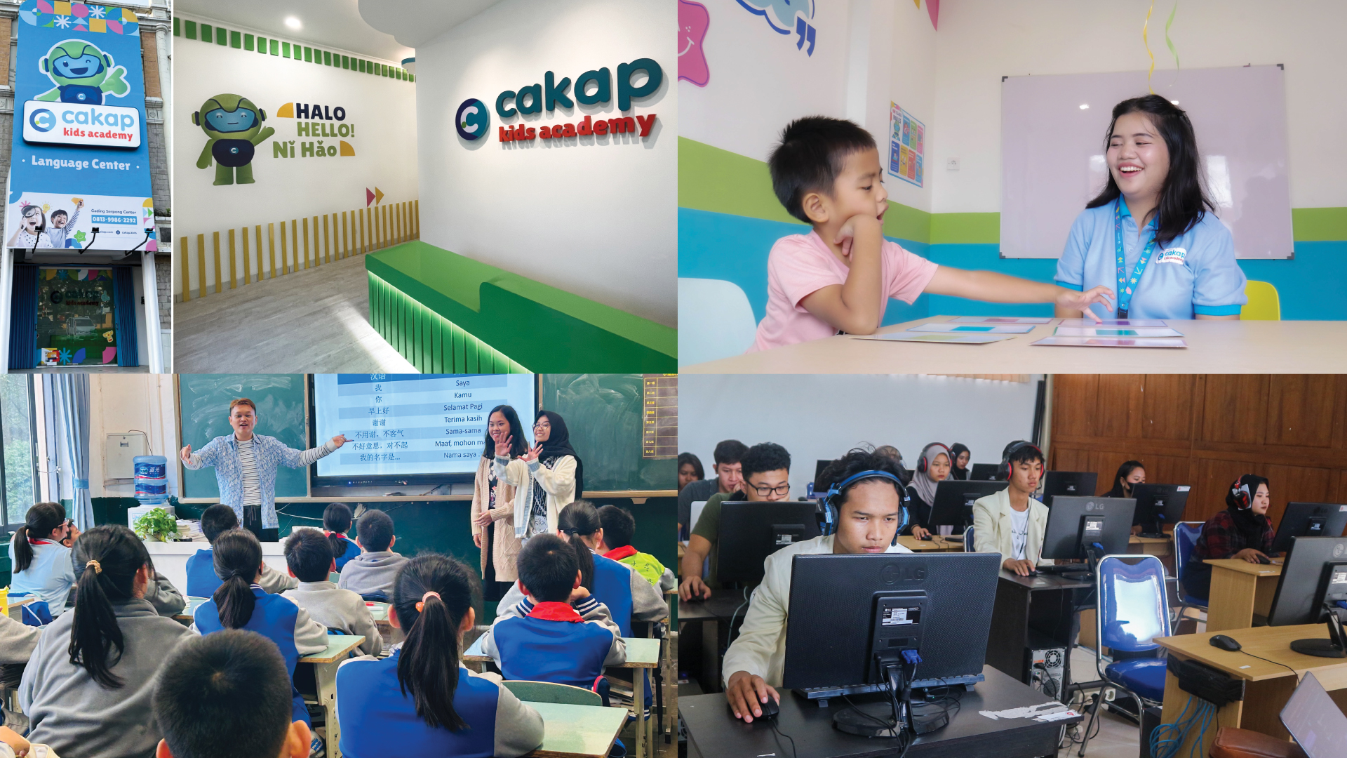 Top, Left-Right: Cakap Kids Academy (CKA) facility, Student learning with a teacher at the CKA;Bottom, Left-Right: Bima-a Cakap teacher tutoring students in China, Students of Bina Trada Politeknik Semarang, undergo the Cakap English Standardized Test (CEST)