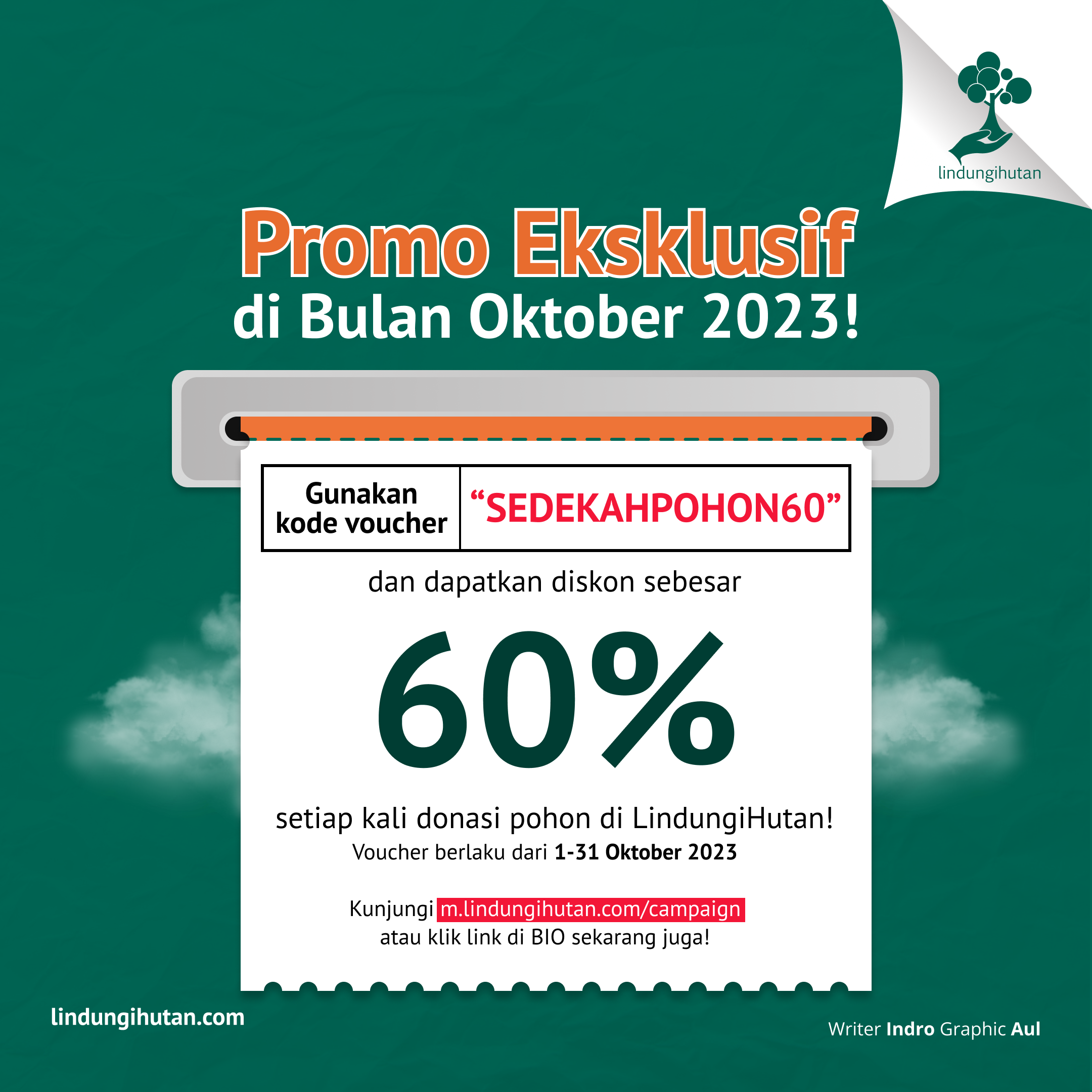 Kode promo subsidi 60% sedekah pohon di LindungiHutan khusus bulan Oktober 2023.