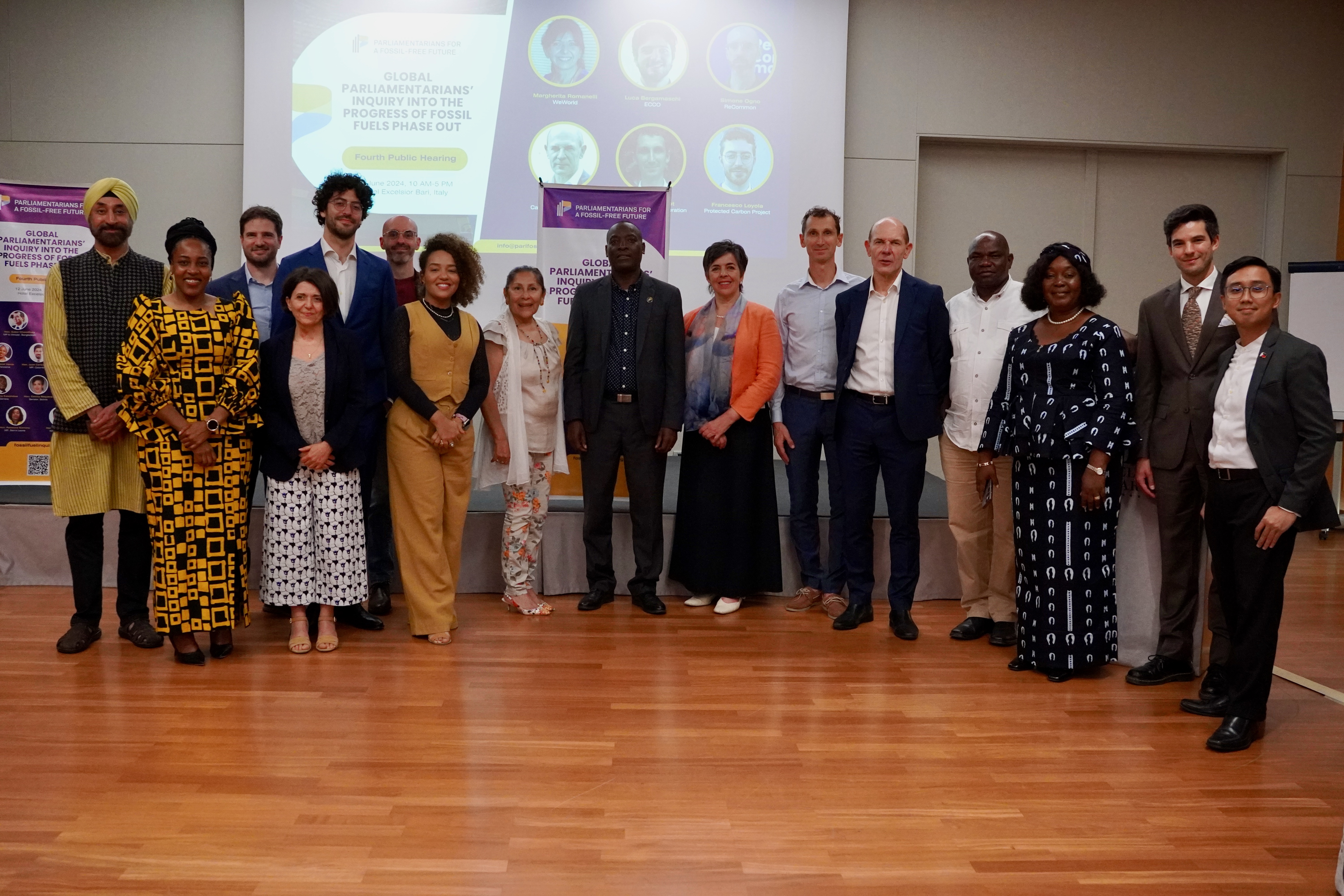 Parliamentarians from across the world, including Kabataan Partylist Rep. Raoul Manuel (rightmost), pose for a group photo after they convened in Bari, Italy on June 12, 2024 to call on G7 leaders to phase out fossil fuels and fast-track renewables. Photo by Pablo Rodriguez