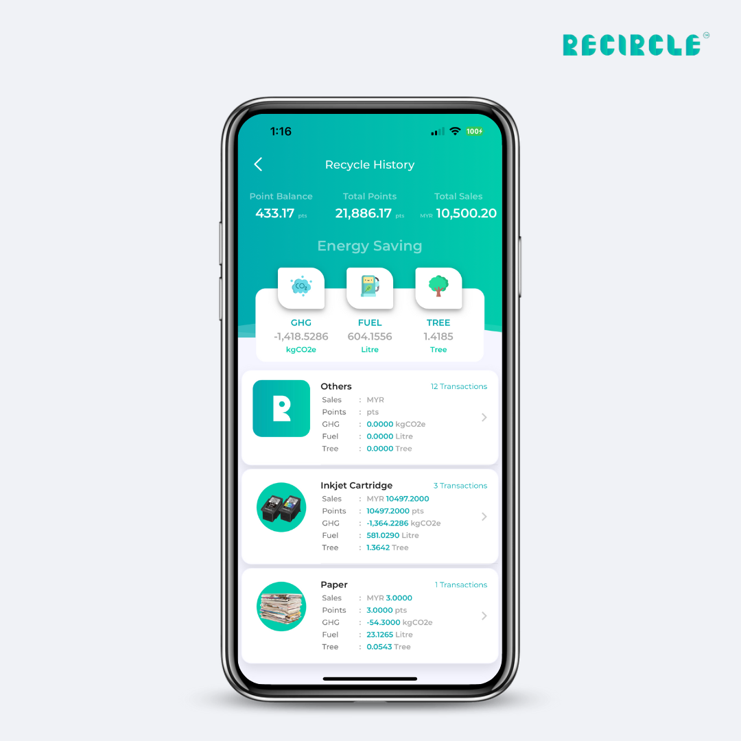 Users can keep track of and accumulate their carbon footprint data in Recircle.