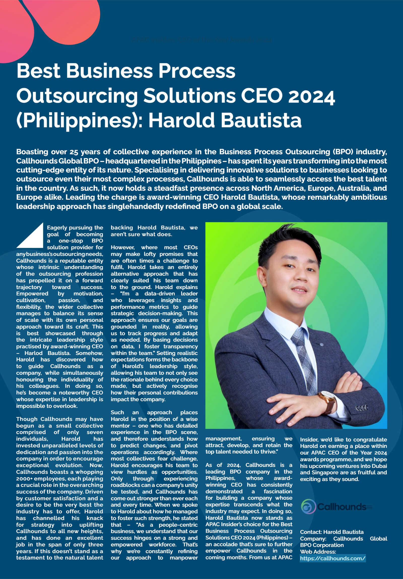 Callhounds Global CEO Harold Bautista Awarded Best BPO Solutions CEO 2024 by APAC Insider