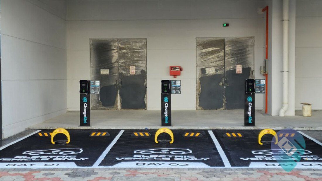 Placed strategically at ground level are three of ChargeSini's signature Nexus AC chargers. These are also primed with its proprietary automated parking barrier system.