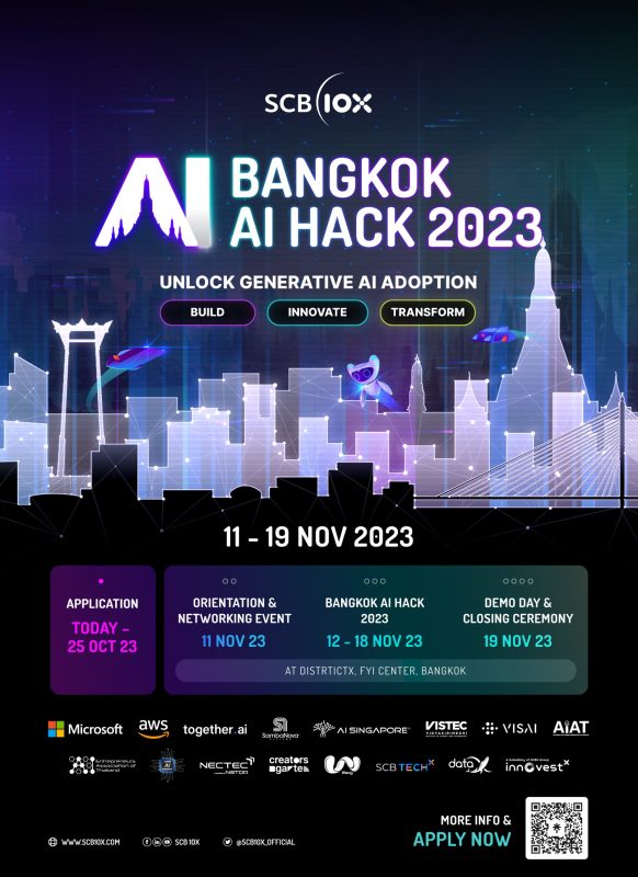 SCB 10X ผนึกกำลังพันธมิตรด้าน AI และเทคโนโลยีชั้นนำระดับโลก เปิดเวที “Bangkok AI Hack 2023” ภายใต้แนวคิด “Unlock Generative AI Adoption”