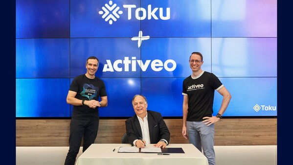 The acquisition signature ceremony; From left to right: Thomas Laboulle, Founder and CEO, Toku; Joseph Kort, Co-Founder & CEO, Activeo; and Jonathan Mondon, Head of Consulting, Toku