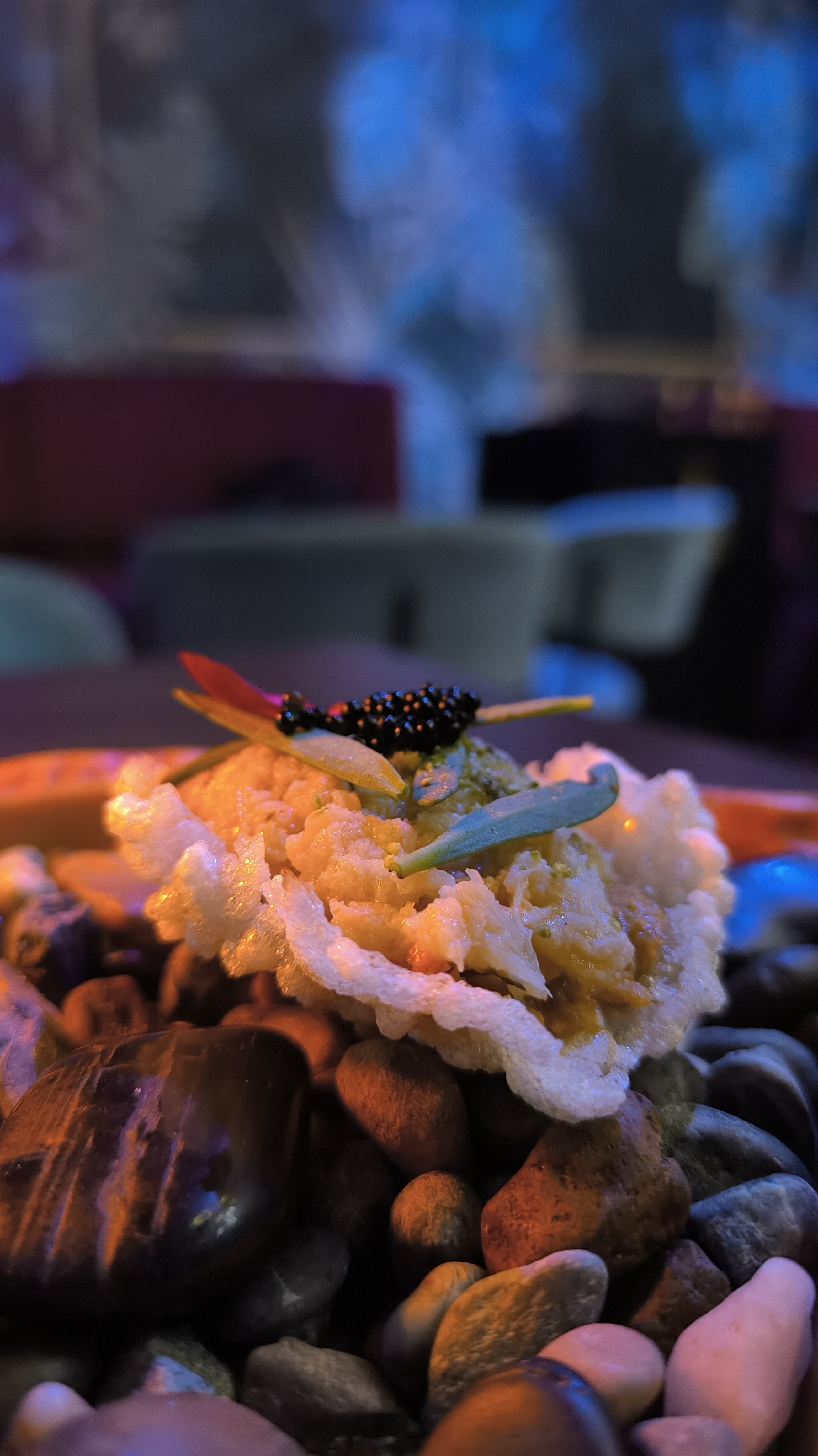 <b>Pu Khao Tang</b><br>Soaked Crab Meat in Coconut milk, capped with a Caviar & Passionfruit Jim Jaew, served on Rice Cracker<br>