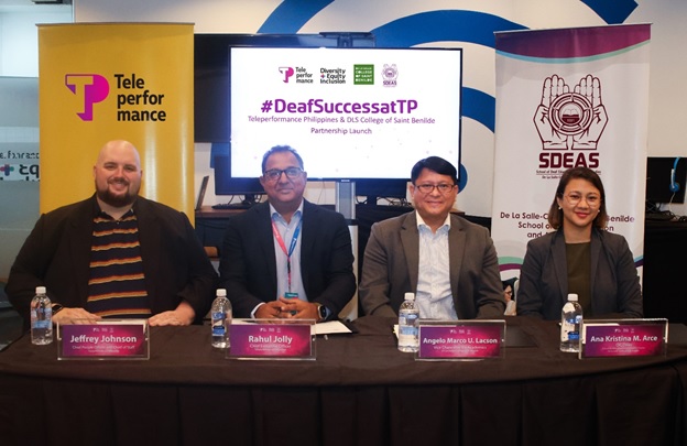 TP Philippines newest Chief Executive Officer Rahul Jolly (2nd from left) joined by Chief People Officer Jeffrey Johnson (left), together with CSB’s representatives Vice Chancellor for Academic Affairs, Angelo Marco Lacson, and OIC Dean of the School of Deaf Education and Applied Studies, Ana Kristina Arce at the MOA signing. 